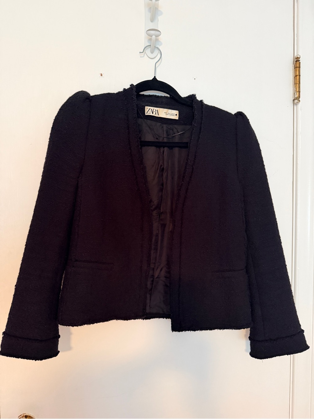 Zara Black Textured Open Blazer Jacket